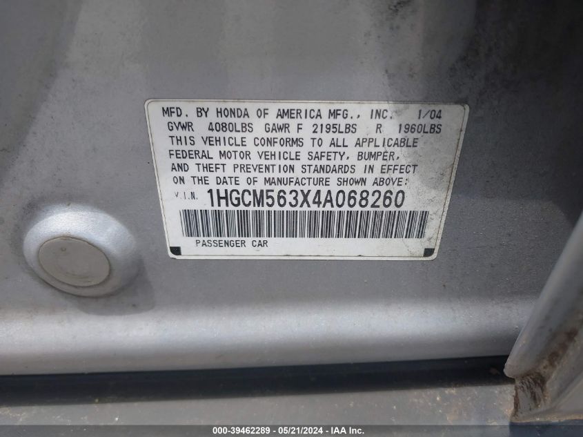 2004 Honda Accord 2.4 Lx VIN: 1HGCM563X4A068260 Lot: 39462289