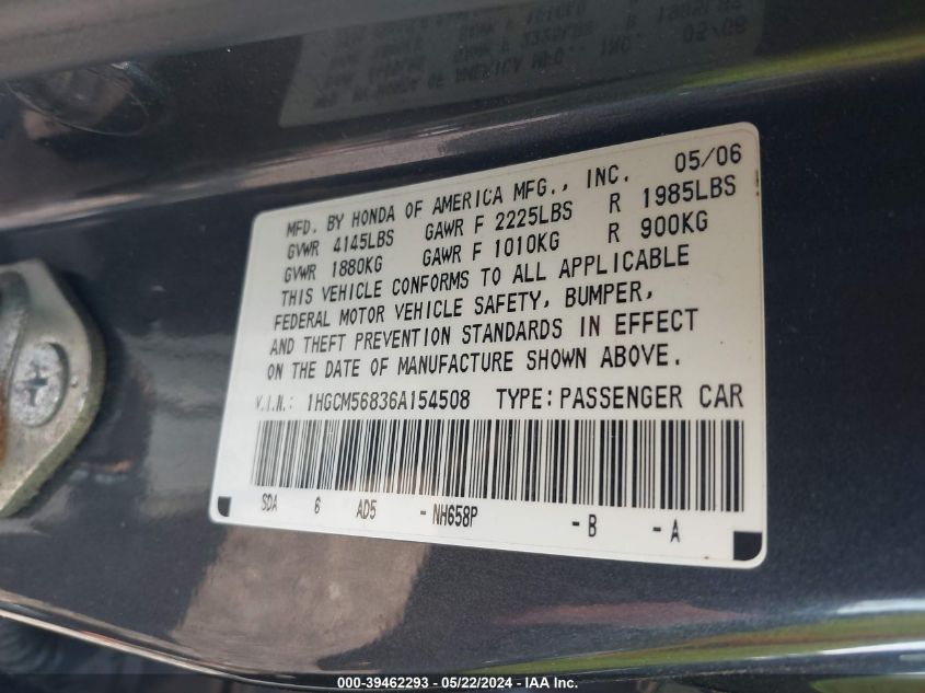 2006 Honda Accord 2.4 Ex VIN: 1HGCM56836A154508 Lot: 39462293