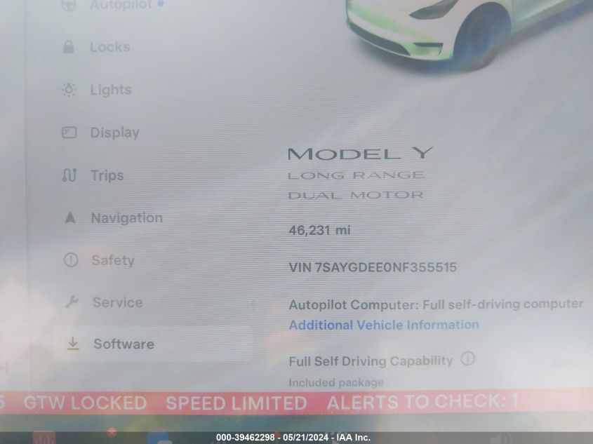 2022 Tesla Model Y Long Range Dual Motor All-Wheel Drive VIN: 7SAYGDEE0NF355515 Lot: 39462298