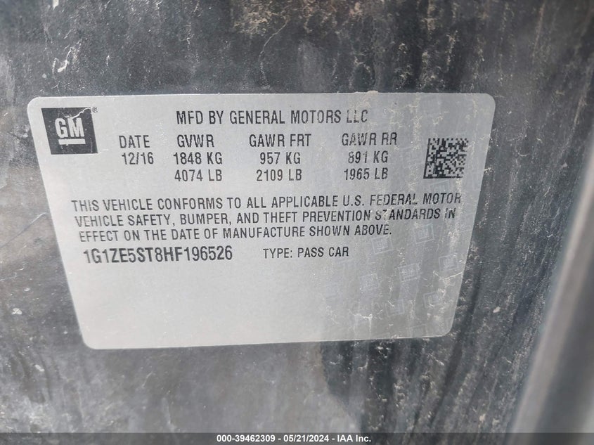 2017 Chevrolet Malibu 1Lt VIN: 1G1ZE5ST8HF196526 Lot: 39462309