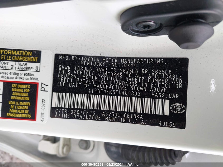 2015 Toyota Camry Se VIN: 4T1BF1FK5FU481303 Lot: 39462326