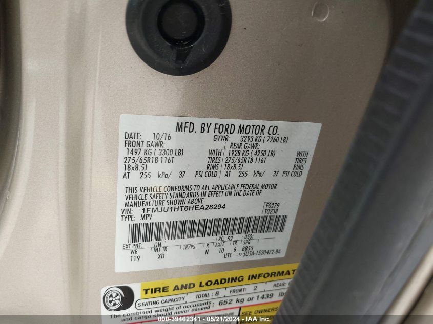 2017 Ford Expedition Xlt VIN: 1FMJU1HT6HEA28294 Lot: 39462341