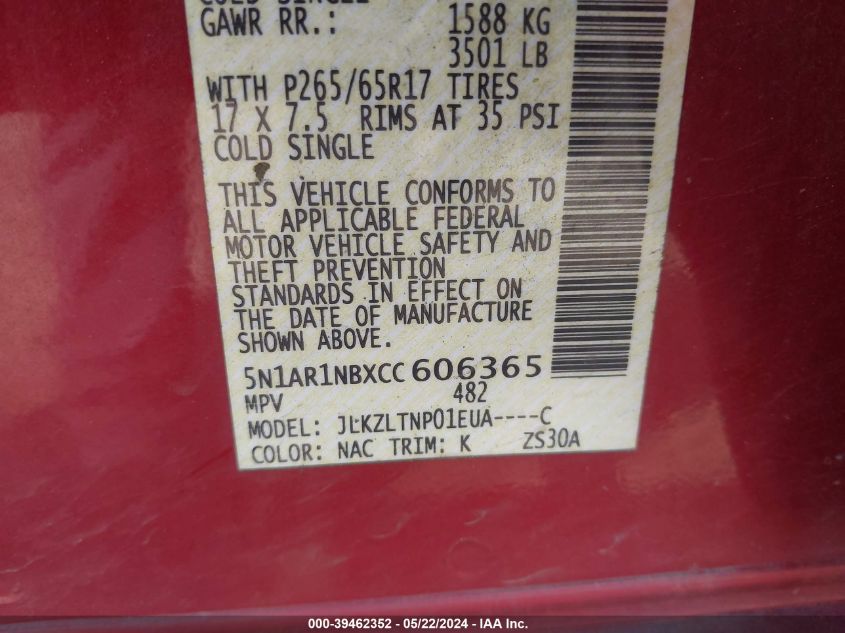 2012 Nissan Pathfinder Sv VIN: 5N1AR1NBXCC606365 Lot: 39462352