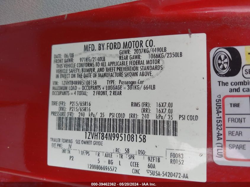 2009 Ford Mustang V6/V6 Premium VIN: 1ZVHT84N995108158 Lot: 39462362