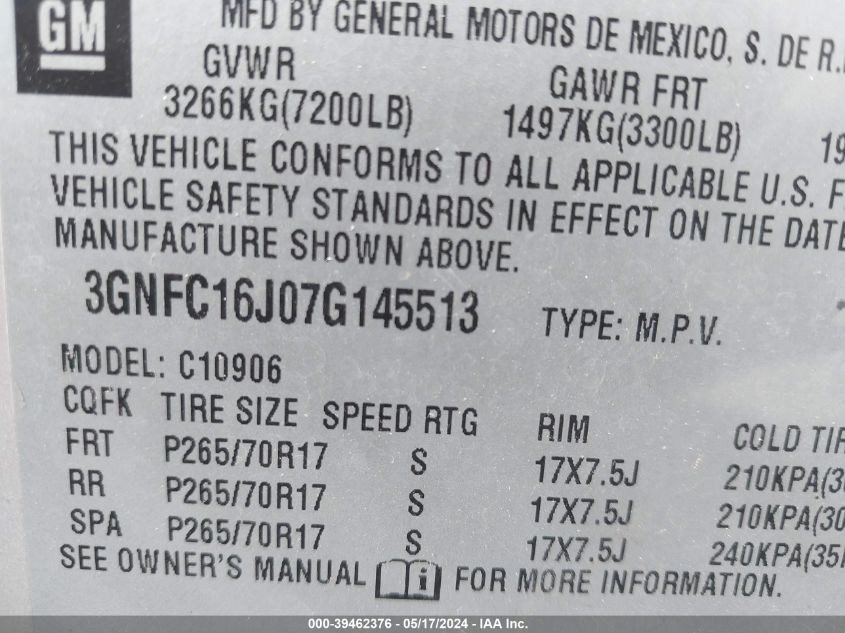 2007 Chevrolet Suburban 1500 Lt VIN: 3GNFC16J07G145513 Lot: 39462376