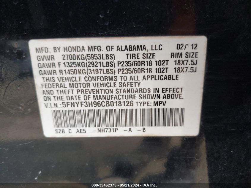 2012 Honda Pilot Touring VIN: 5FNYF3H96CB018126 Lot: 39462375