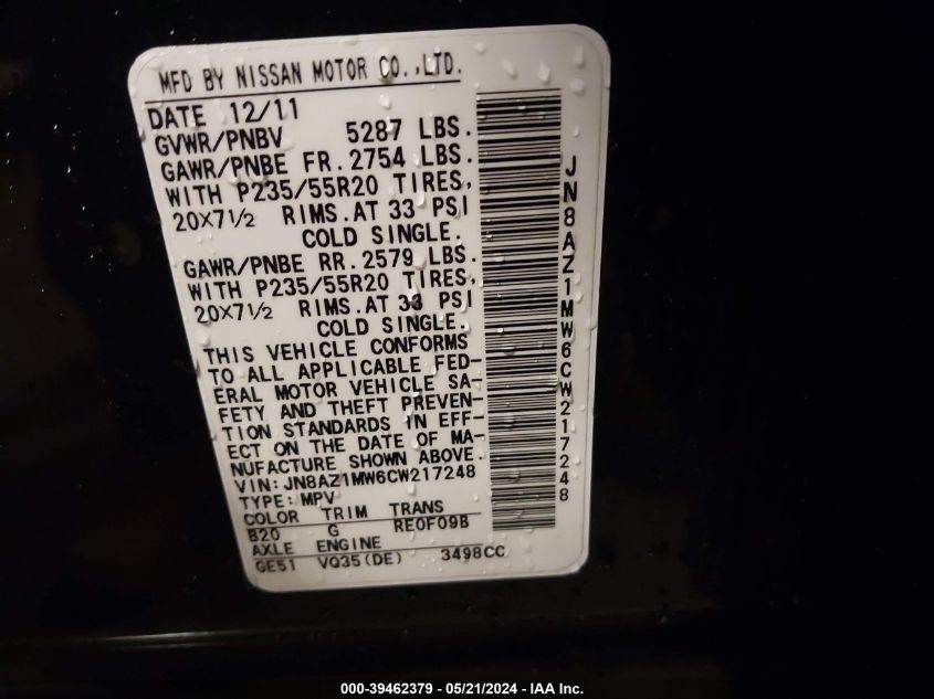 2012 Nissan Murano Le VIN: JNHAZ1MW6CW217248 Lot: 39462379