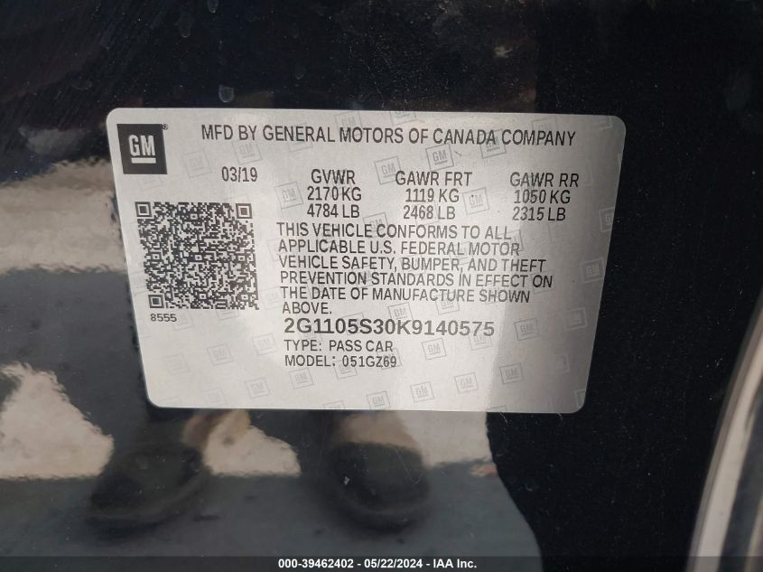 2019 Chevrolet Impala Premier VIN: 2G1105S30K9140575 Lot: 39462402