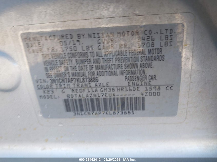 2019 Nissan Versa 1.6 S+ VIN: 3N1CN7AP7KL873885 Lot: 39462412