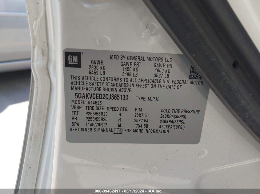 2012 BUICK ENCLAVE VIN: 5GAKVDEDXCJ108591