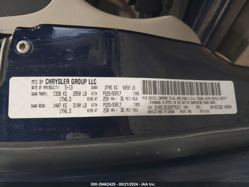 2013 Chrysler Town & Country Touring VIN: 2C4RC1BG3DR775371 Lot: 39462425