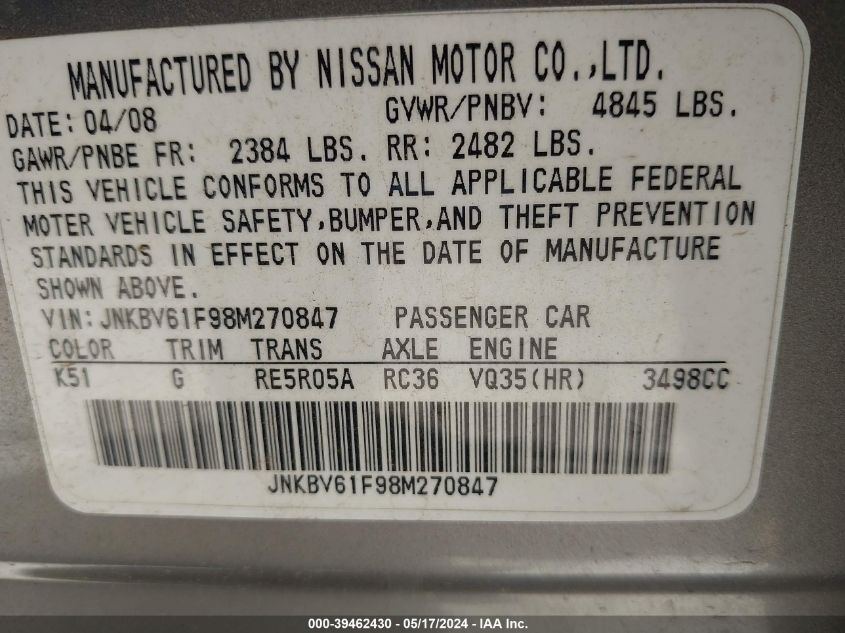 2008 Infiniti G35X VIN: JNKBV61F98M270847 Lot: 39462430
