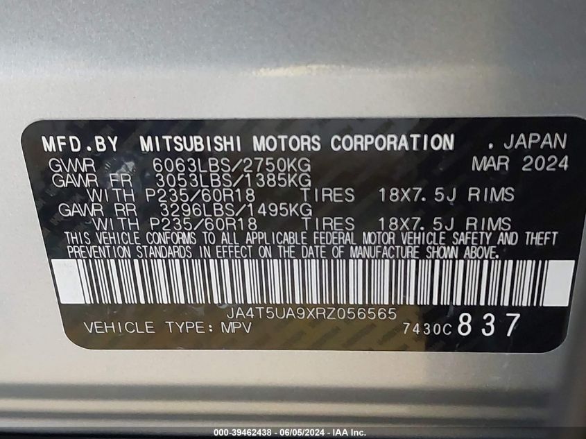 2024 Mitsubishi Outlander Phev Es S-Awc VIN: JA4T5UA9XRZ056565 Lot: 39462438