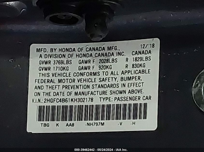 2019 Honda Civic Lx VIN: 2HGFC4B61KH302178 Lot: 39462442