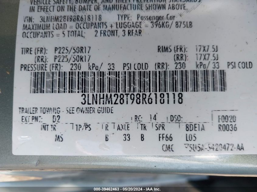 2008 Lincoln Mkz VIN: 3LNHM28T98R618118 Lot: 39462463