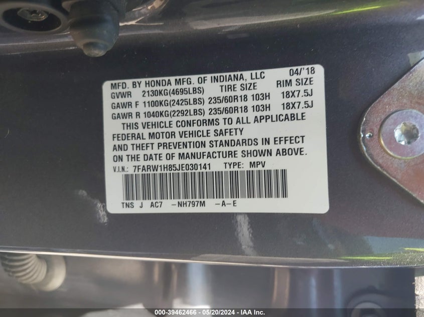 VIN 7FARW1H85JE030141 2018 HONDA CR-V