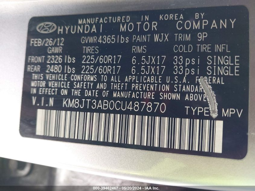 2012 Hyundai Tucson Gl VIN: KM8JT3AB0CU487870 Lot: 39462467