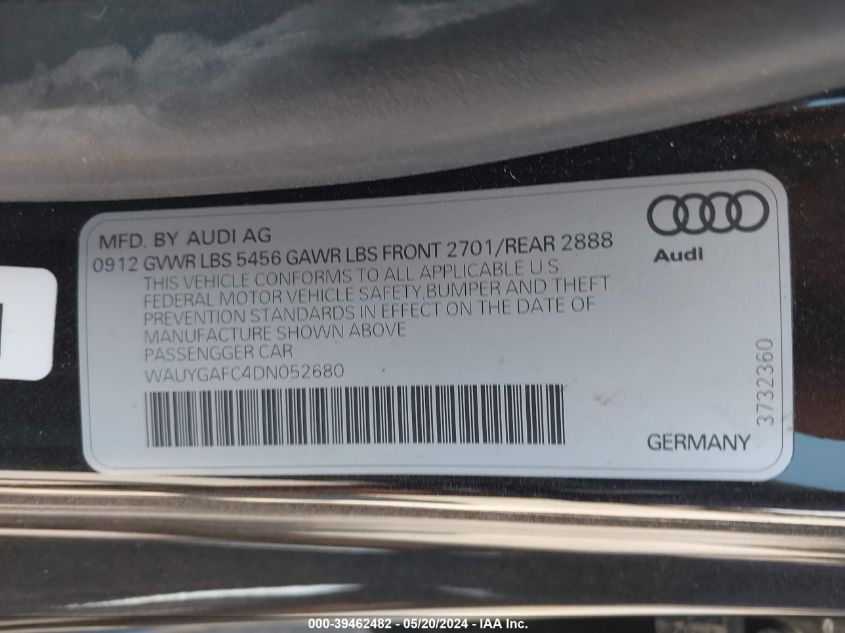 2013 Audi A7 3.0T Premium VIN: WAUYGAFC4DN052680 Lot: 39462482