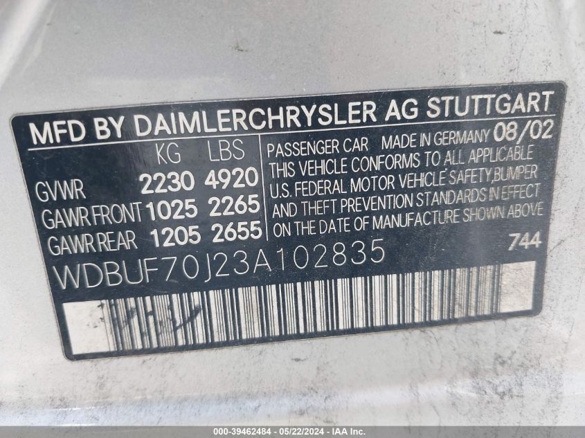 2003 Mercedes-Benz E 500 VIN: WDBUF70J23A102835 Lot: 39462484