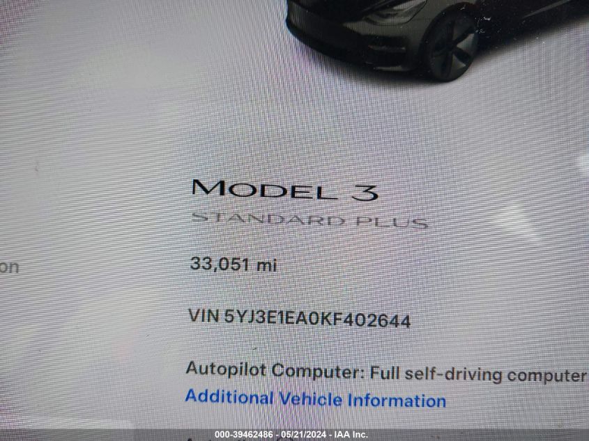 2019 TESLA MODEL 3 LONG RANGE/MID RANGE/STANDARD RANGE/STANDARD RANGE PLUS - 5YJ3E1EA0KF402644