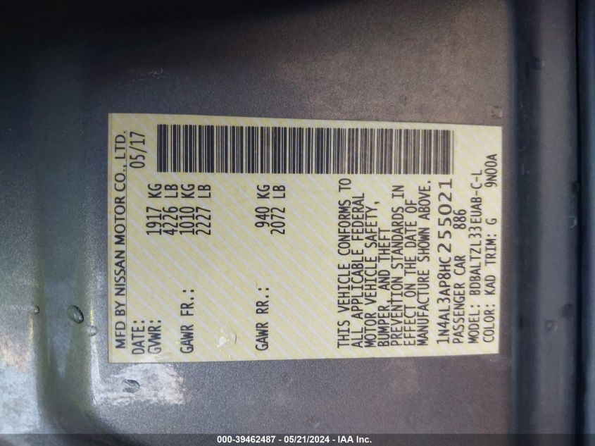 2017 Nissan Altima 2.5 Sl VIN: 1N4AL3AP8HC255021 Lot: 39462487