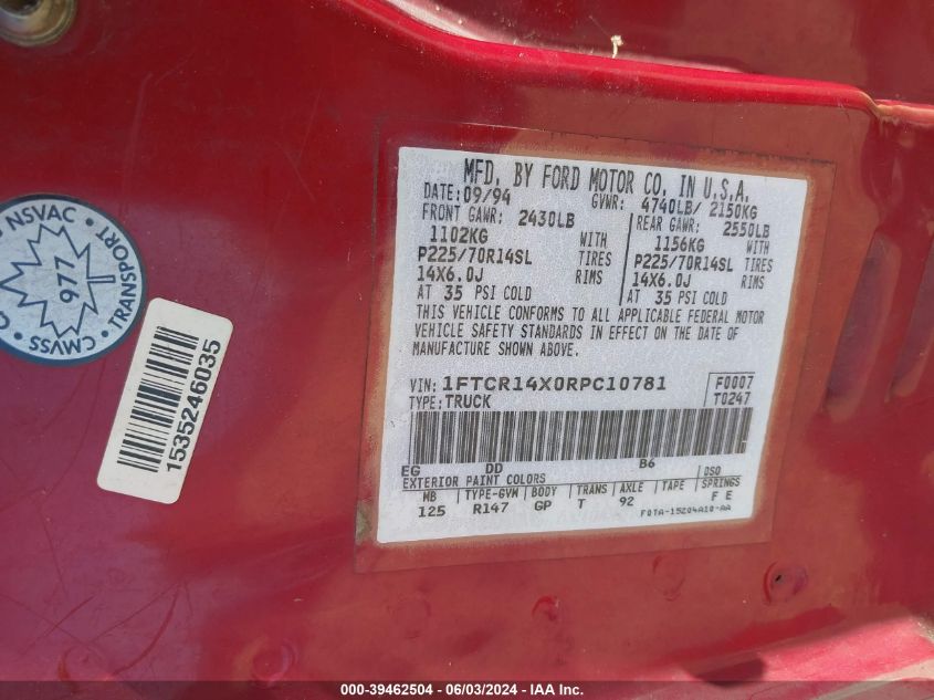 1994 Ford Ranger Super Cab VIN: 1FTCR14X0RPC10781 Lot: 39462504