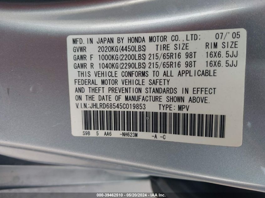 2005 Honda Cr-V Lx VIN: JHLRD68545C019853 Lot: 39462510