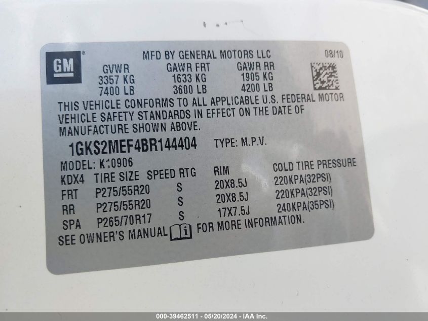 2011 GMC Yukon Xl 1500 Denali VIN: 1GKS2MEF4BR144404 Lot: 39462511
