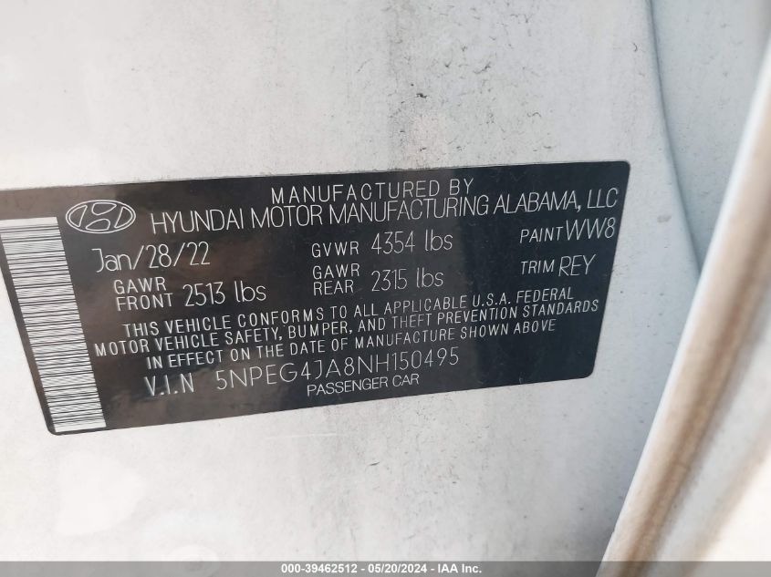 2022 Hyundai Sonata Se VIN: 5NPEG4JA8NH150495 Lot: 39462512