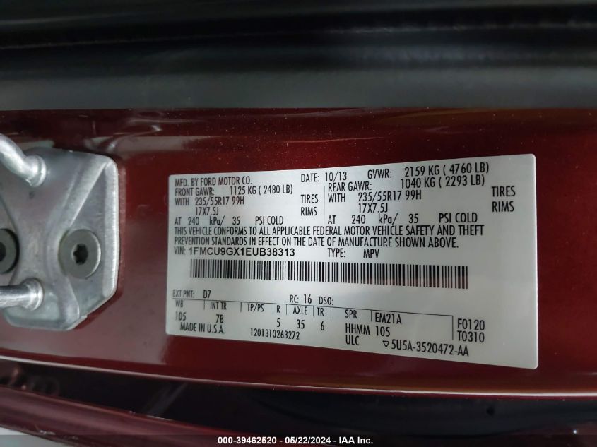 2014 Ford Escape Se VIN: 1FMCU9GX1EUB38313 Lot: 39462520