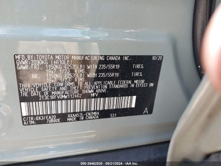 2021 Toyota Rav4 Xle Premium VIN: 2T3C1RFV0MW112462 Lot: 39462530