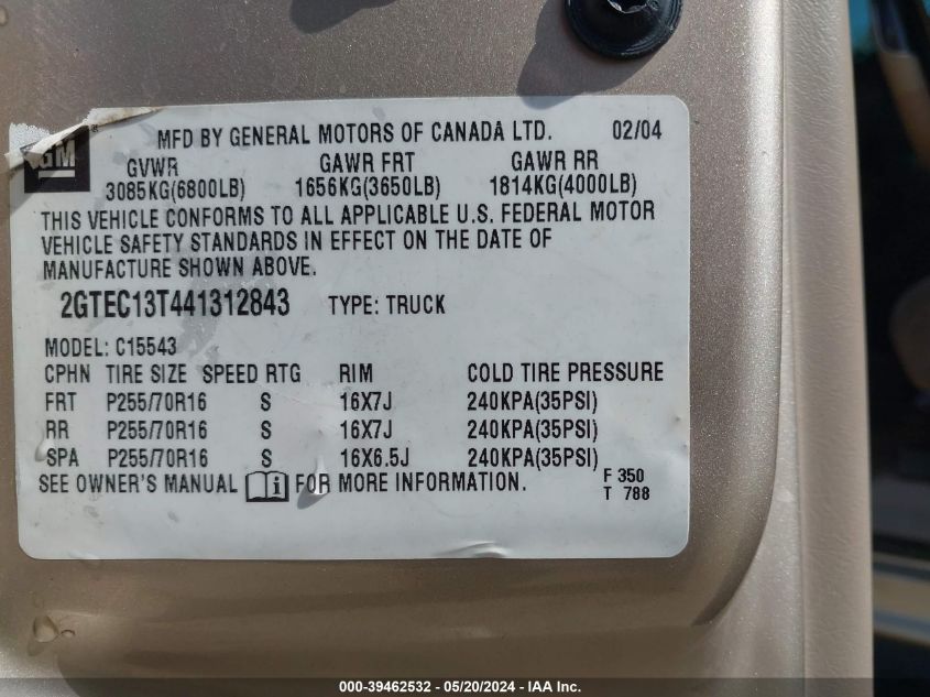 2004 GMC Sierra 1500 Sle VIN: 2GTEC13T441312843 Lot: 39462532