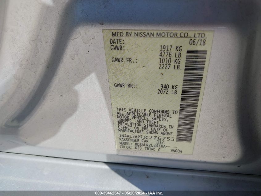 2018 Nissan Altima 2.5 Sl VIN: 1N4AL3AP7JC276755 Lot: 39462547