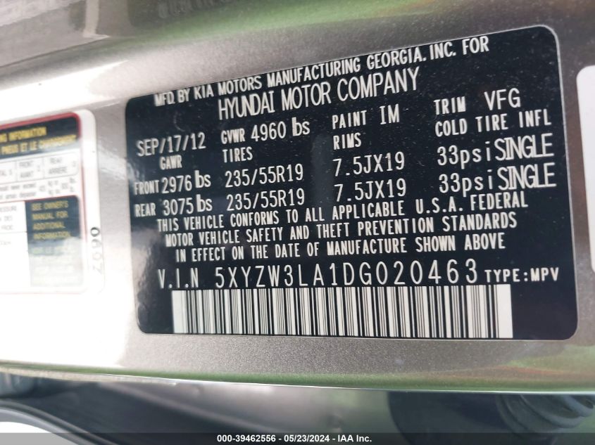 2013 Hyundai Santa Fe Sport 2.0T VIN: 5XYZW3LA1DG020463 Lot: 39462556