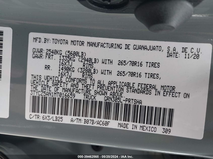 2021 Toyota Tacoma Trd Pro VIN: 3TYCZ5AN1MT016659 Lot: 39462565