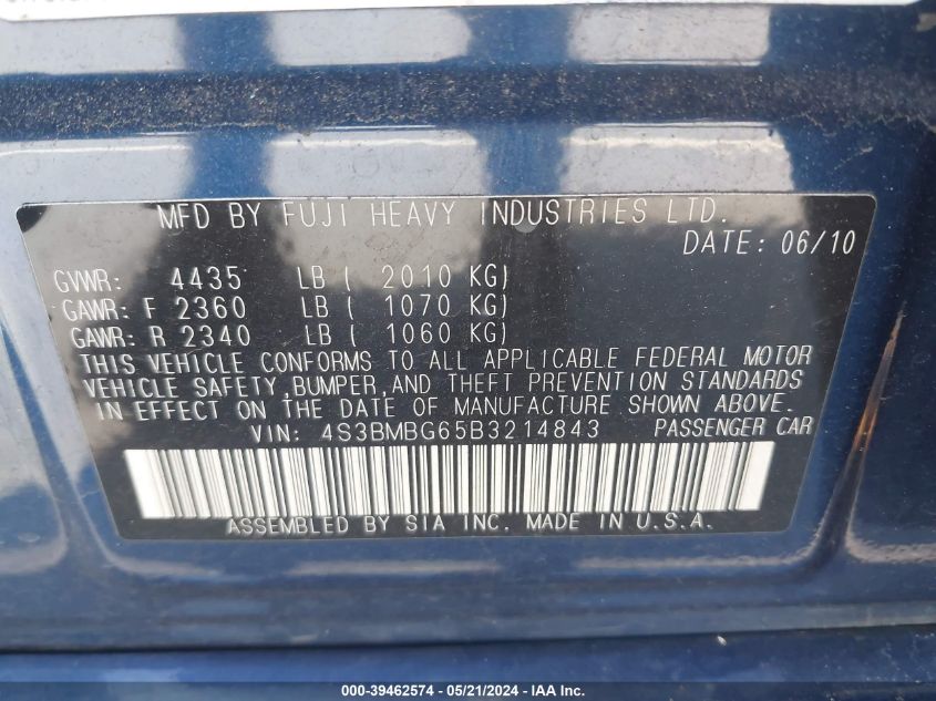 2011 Subaru Legacy 2.5I Premium VIN: 4S3BMBG65B3214843 Lot: 39462574