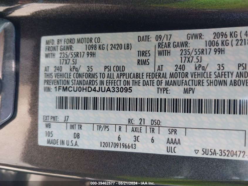 2018 Ford Escape Sel VIN: 1FMCU0HD4JUA33095 Lot: 39462577