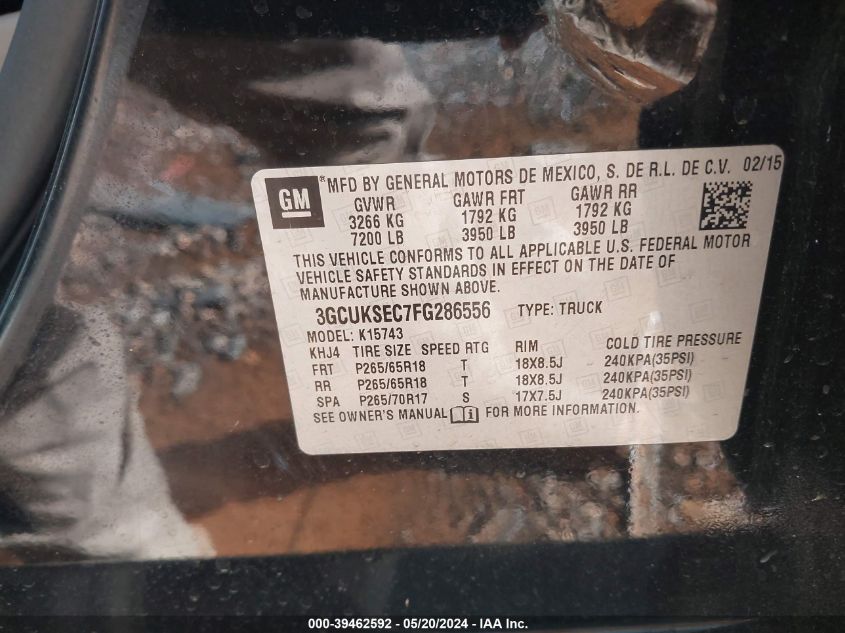 2015 Chevrolet Silverado 1500 2Lz VIN: 3GCUKSEC7FG286556 Lot: 39462592
