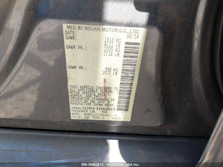 2015 Nissan Altima 2.5 S VIN: 1N4AL3AP9FN306009 Lot: 39462612