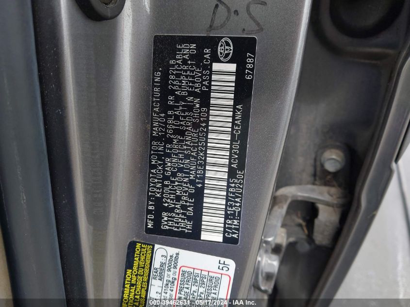 2005 Toyota Camry Le VIN: 4T1BE32K25U524109 Lot: 39462631