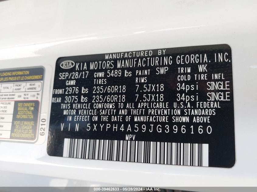 2018 Kia Sorento 3.3L Ex VIN: 5XYPH4A59JG396160 Lot: 39462633