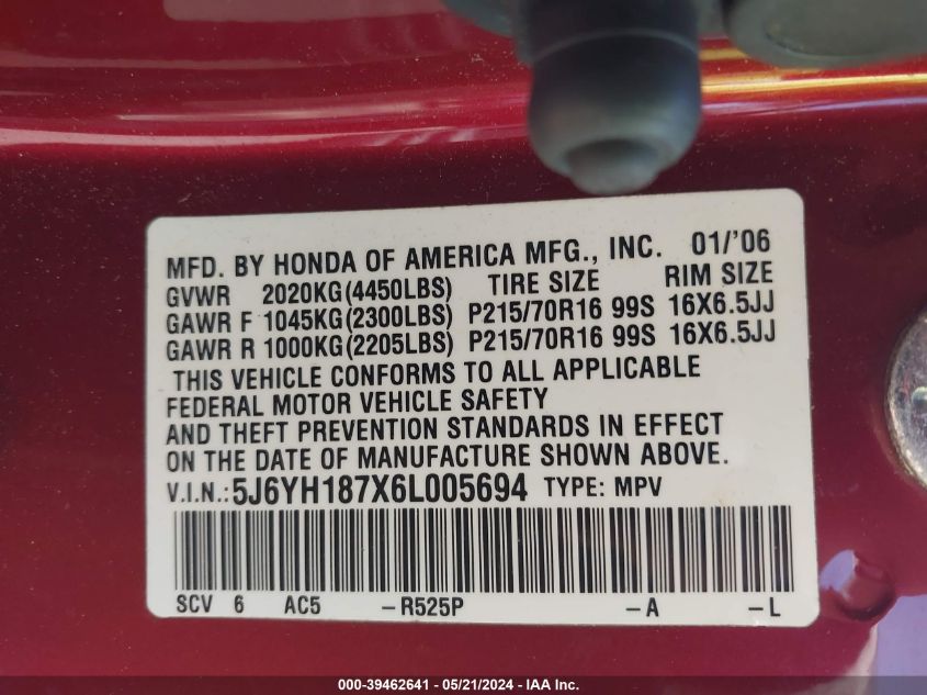 2006 Honda Element Ex-P VIN: 5J6YH187X6L005694 Lot: 39462641