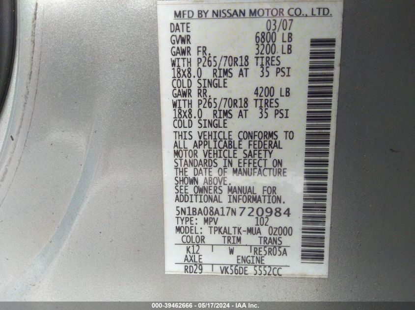 2007 Nissan Armada Se VIN: 5N1BA08A17N720984 Lot: 39462666