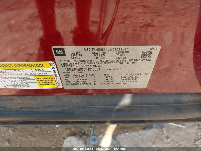 2015 Chevrolet Traverse 2Lt VIN: 1GNKRHKD6FJ213607 Lot: 39462685