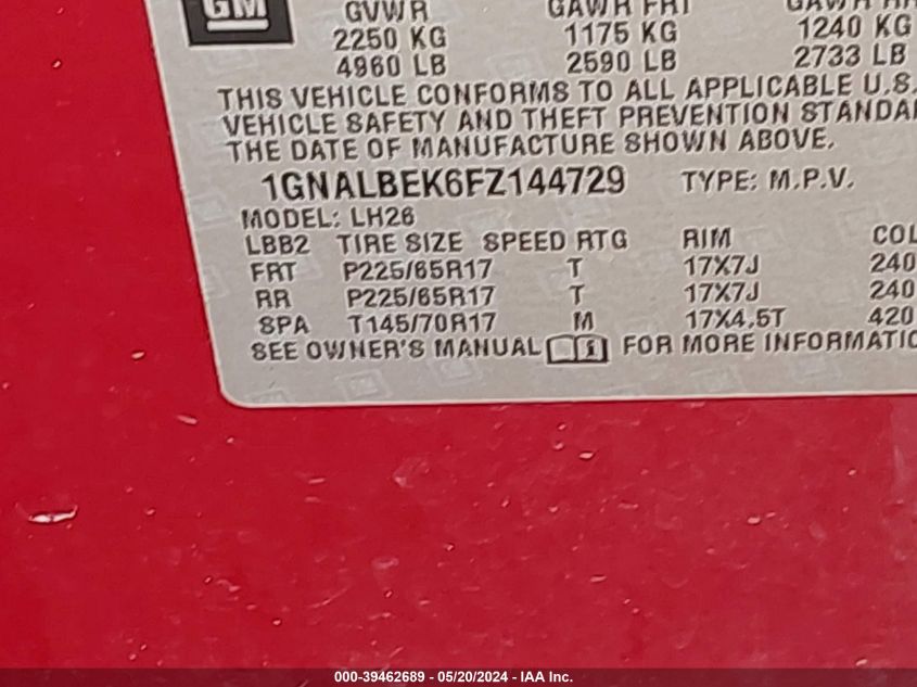 2015 Chevrolet Equinox 1Lt VIN: 1GNALBEK6FZ144729 Lot: 39462689