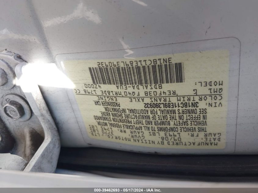 2009 Nissan Versa 1.8S VIN: 3N1BC11E89L390932 Lot: 39462693