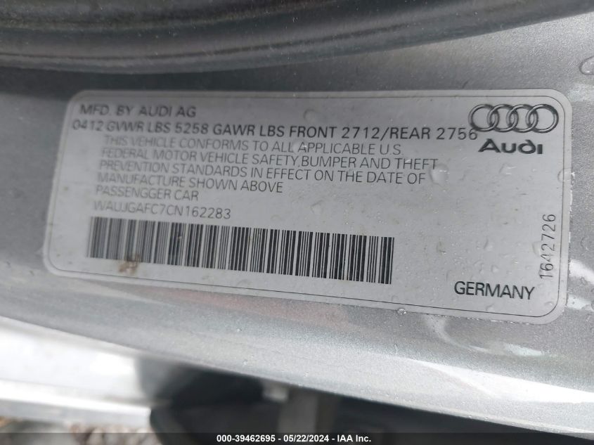 2012 Audi A6 3.0 Premium VIN: WAUJGAFC7CN162283 Lot: 39462695