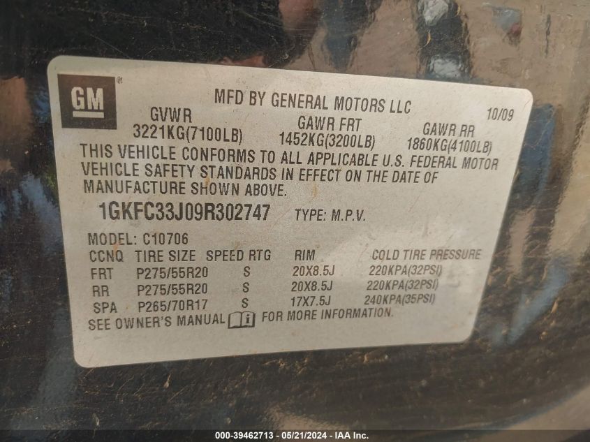 2009 GMC Yukon Slt2 VIN: 1GKFC33J09R302747 Lot: 39462713