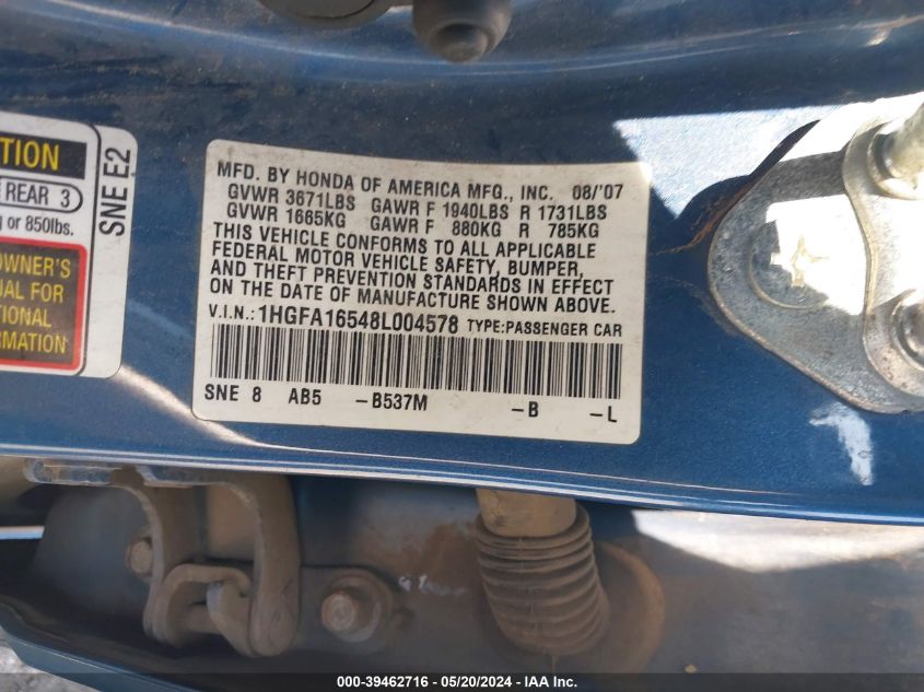 2008 Honda Civic Lx VIN: 1HGFA16548L004578 Lot: 39462716