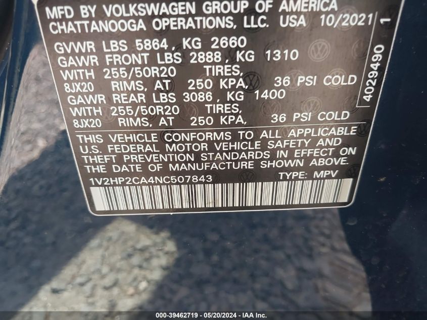 2022 Volkswagen Atlas 2.0T Se W/Technology VIN: 1V2HP2CA4NC507843 Lot: 39462719